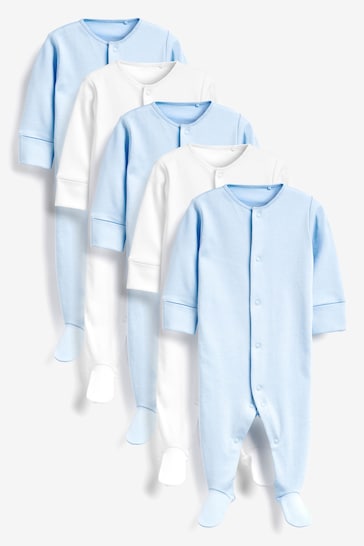 Blue/White 5 Pack Cotton Baby Sleepsuits (0-2yrs)