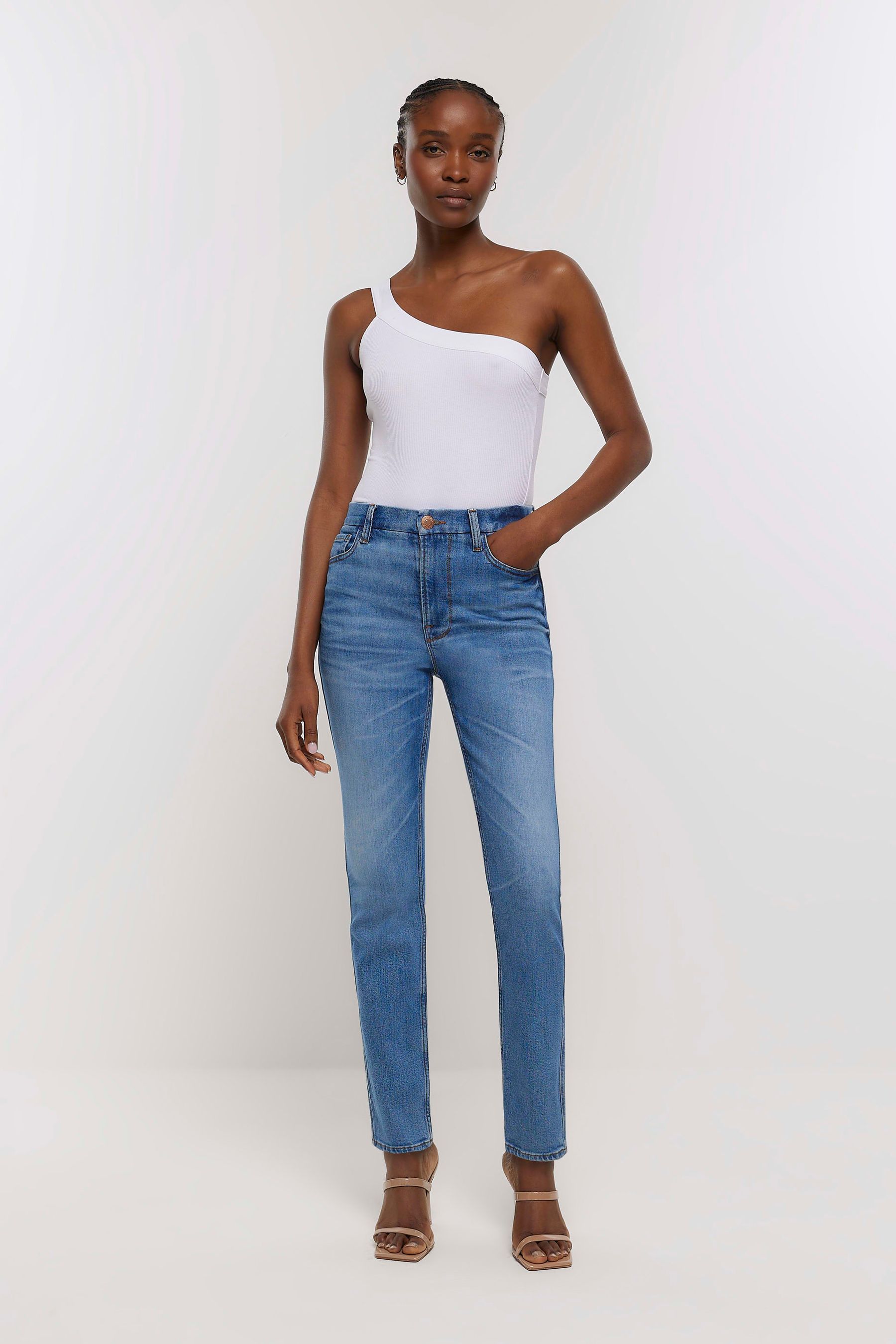 Buy River Island Blue High Rise Slim Straight Stretch Jeans from