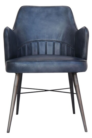 K Interiors Blue Sawley Geniune Leather & Iron Carver Dining Chair