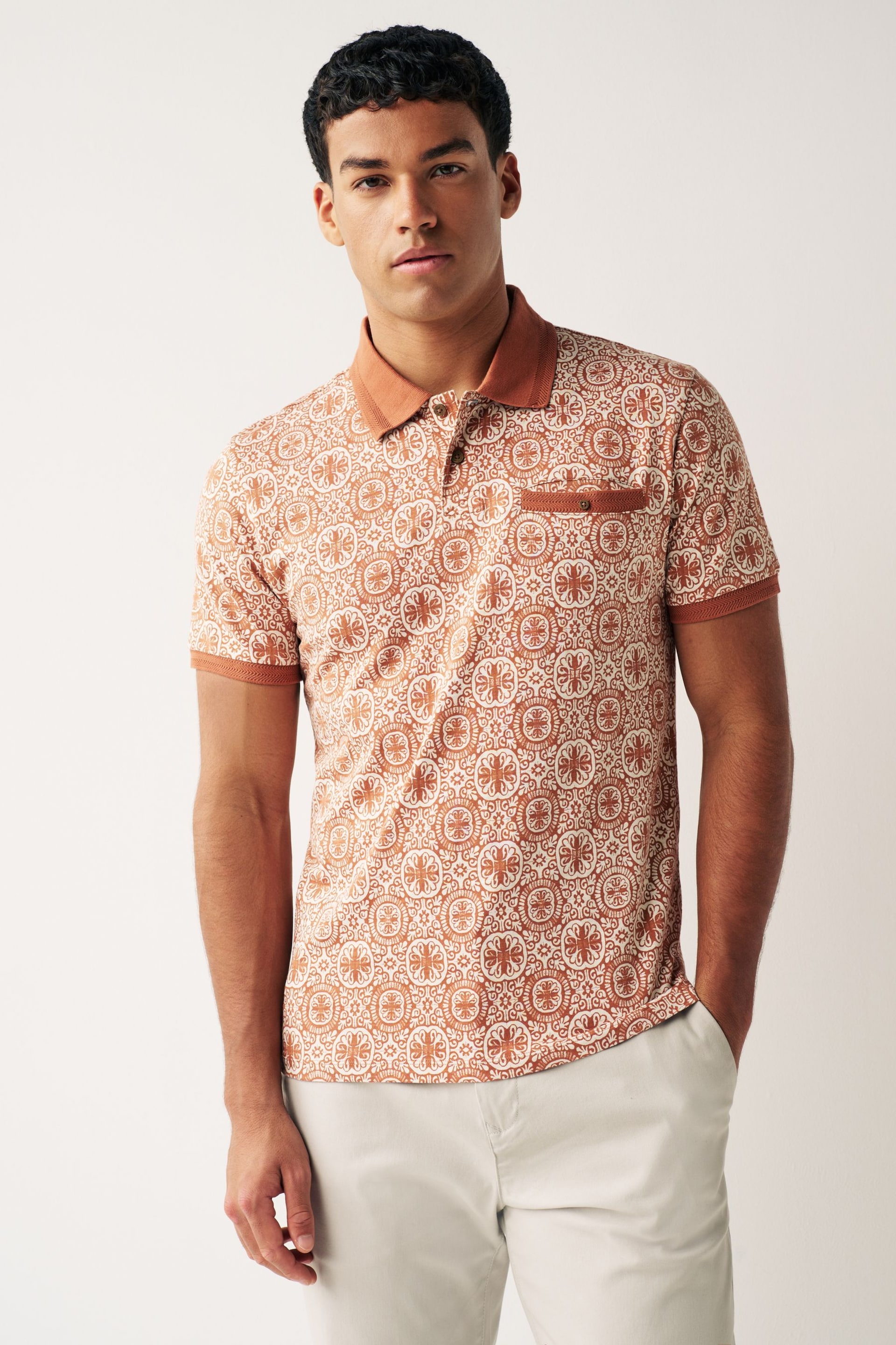 Orange Tile Print Polo Shirt - Image 1 of 7