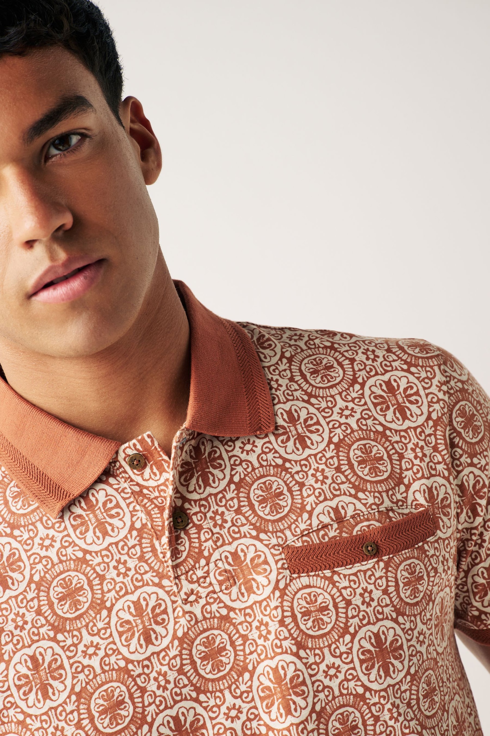 Orange Tile Print Polo Shirt - Image 4 of 7