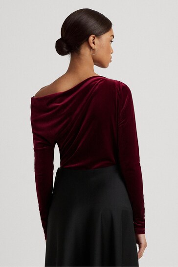 Lauren Ralph Lauren Burgundy Red Pleated Velvet Off The Shoulder Top