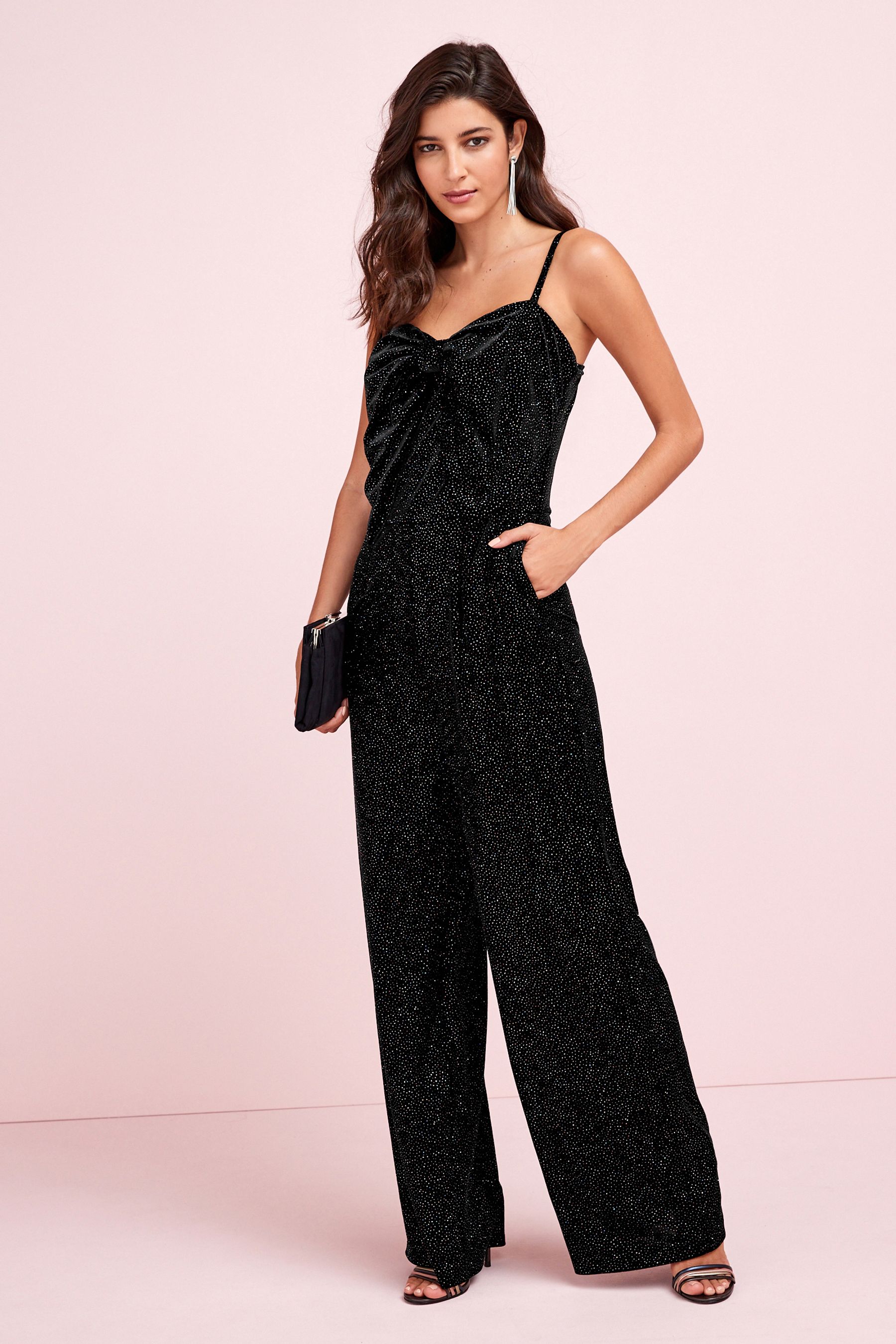Buy Black Glitter Velvet Bow Front Jumpsuit from Next Luxembourg