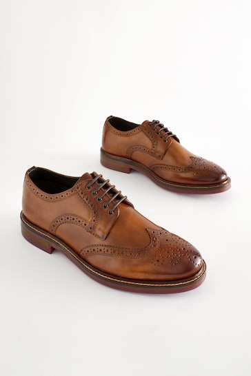 Tan Brown Leather Contrast Sole Chunky Brogues Shoes