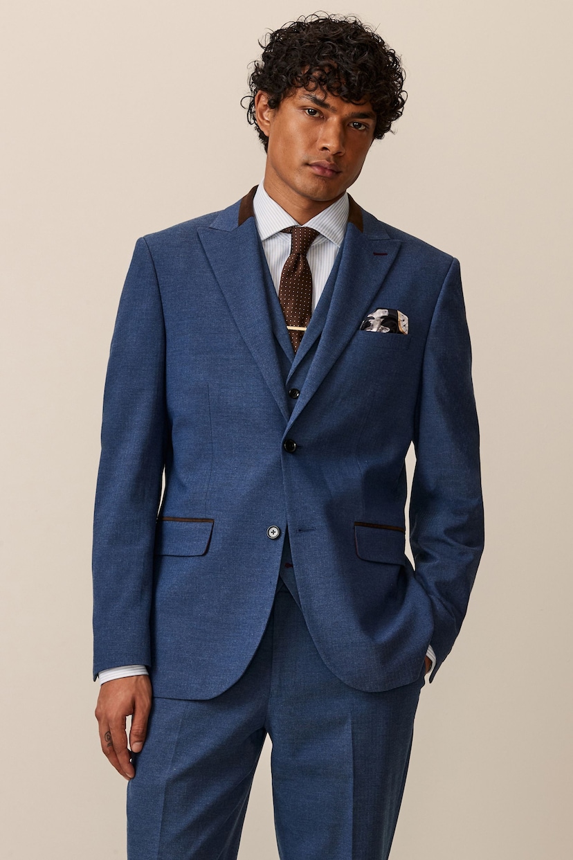 Bright Blue Tailored Fit Slim Fit Herringbone Suit Jacket - Image 1 of 10