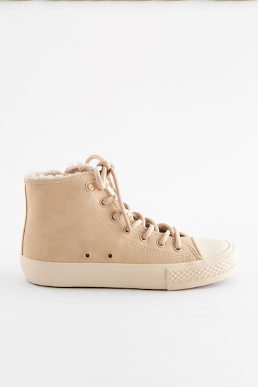 Neutral Brown Faux Fur Lined Standard Fit (F) Lace-Up High Top Trainers