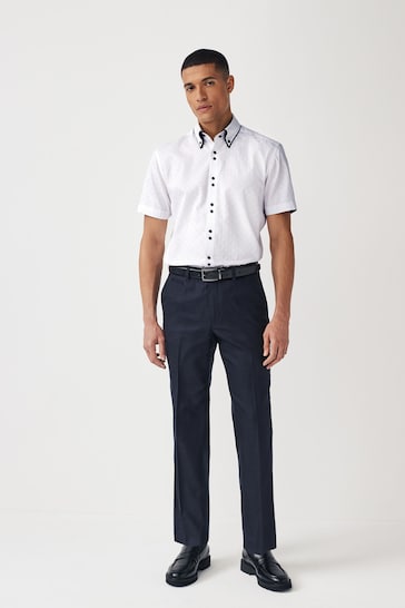 White Double Collar Regular Fit Trimmed Formal Short Sleeve Shirt
