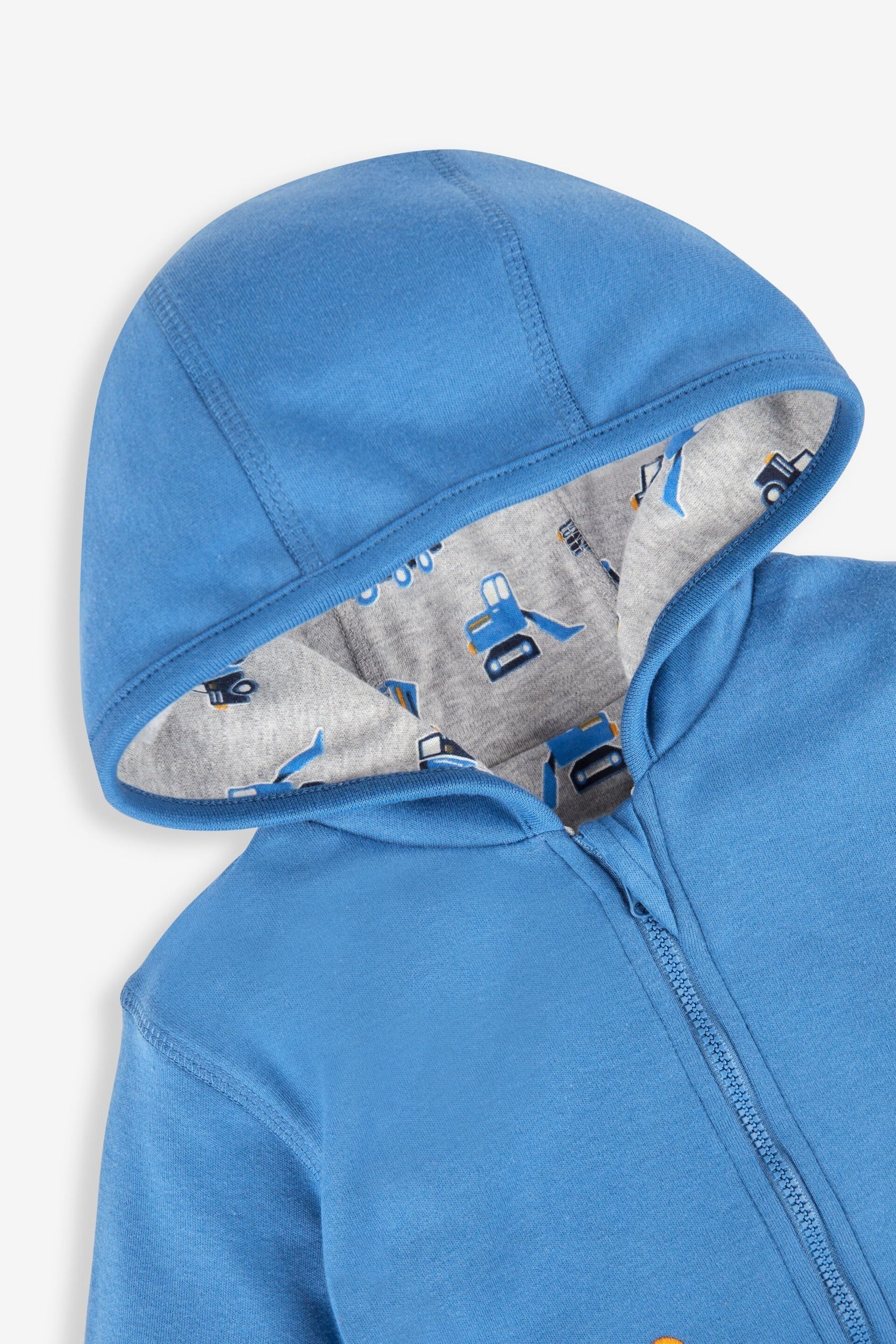 JoJo Maman Bébé Denim Blue Digger Appliqué Reversible Hoodie With Pet In Pocket - Image 6 of 8