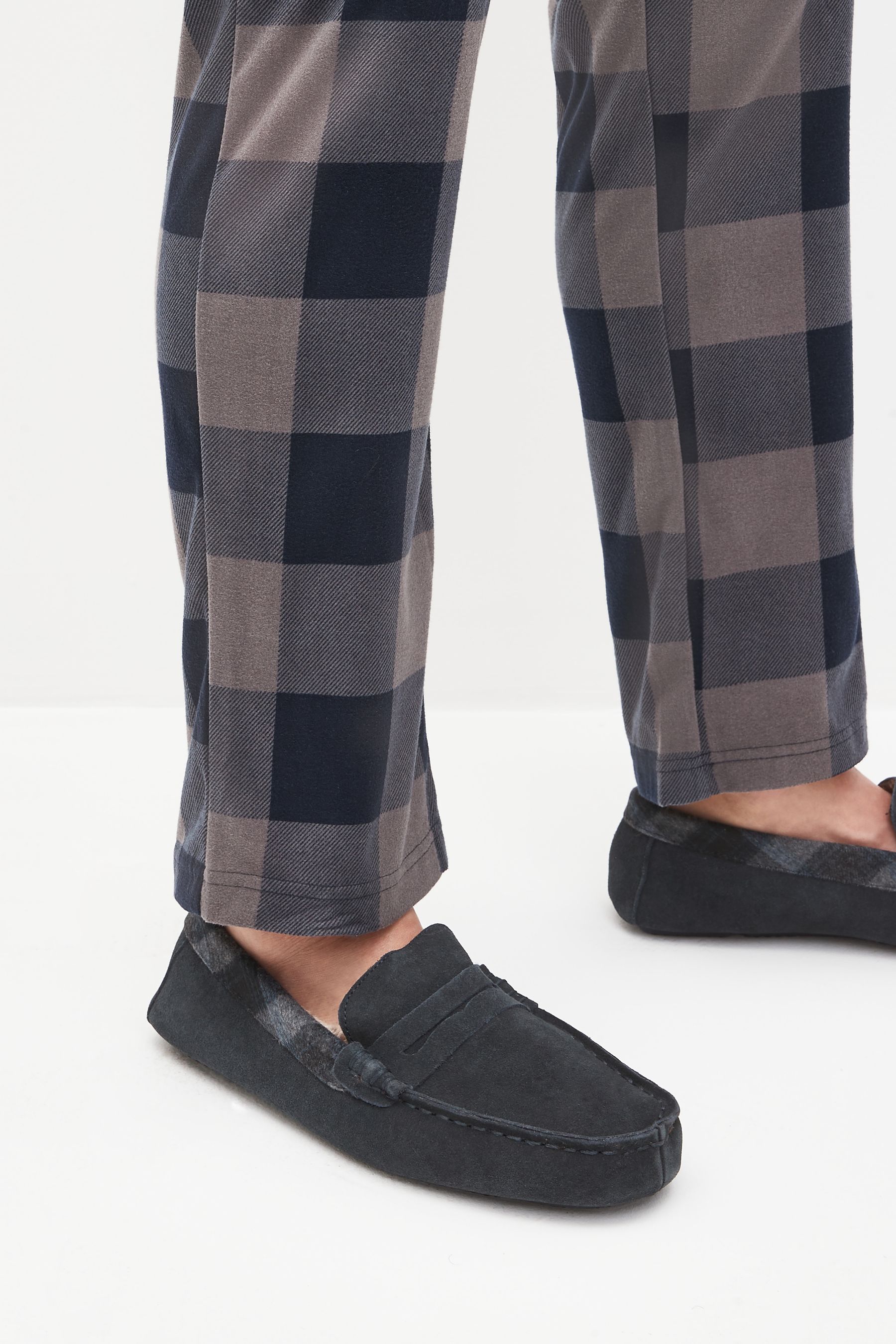 Buy Navy Blue Luxury Signature Suede Moccasin Slippers from the