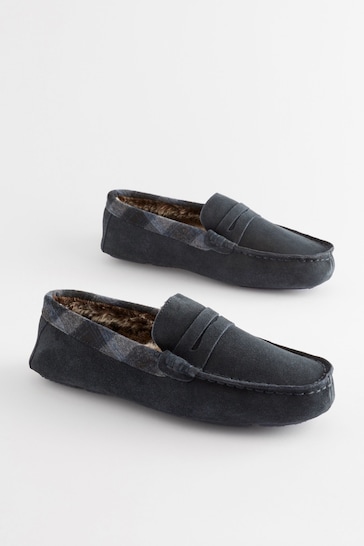 Navy Blue Luxury Signature Suede Moccasin Slippers