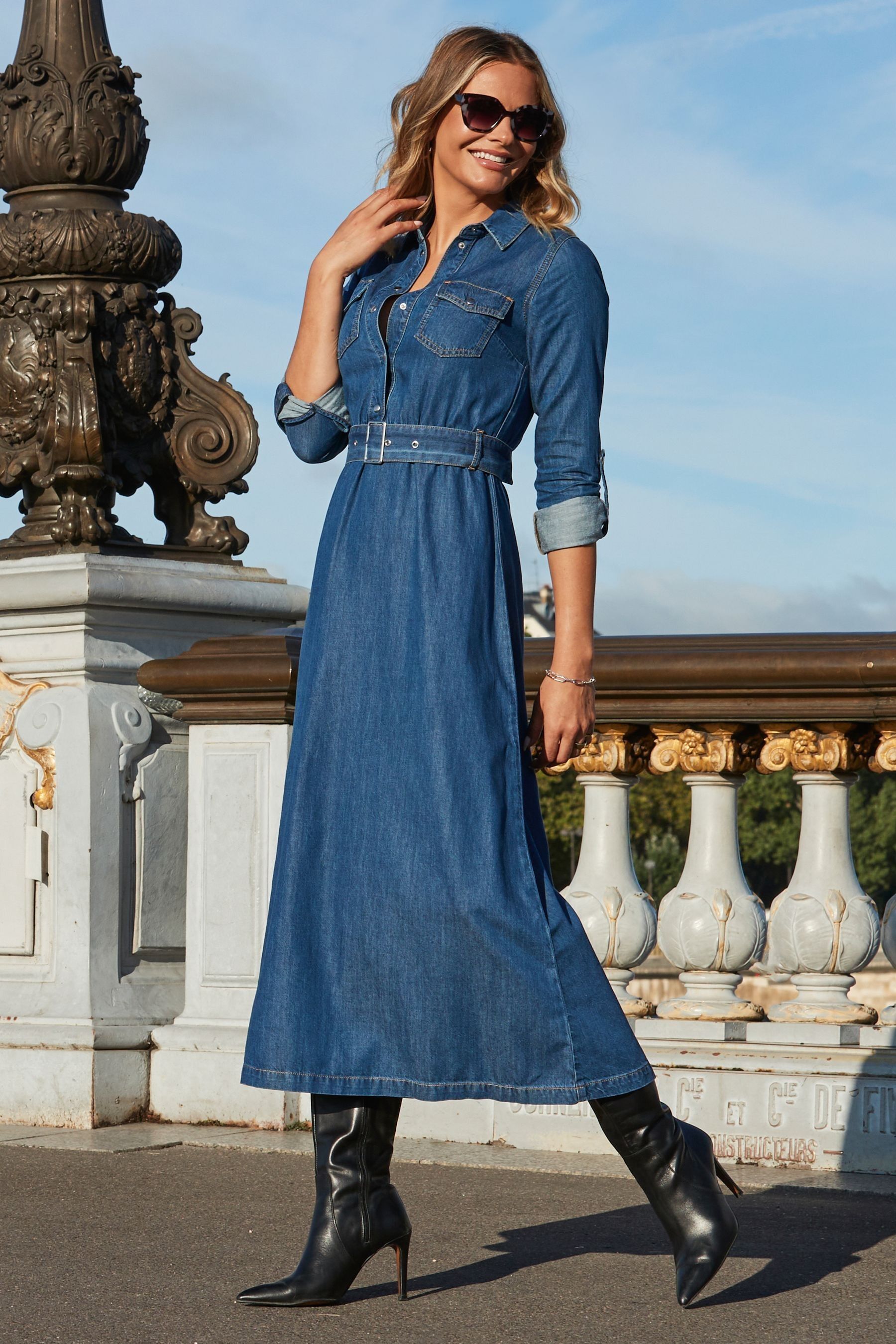 Sosandar Blue Fit Flare Buckle Detail Denim Midi Dress 8 Womens