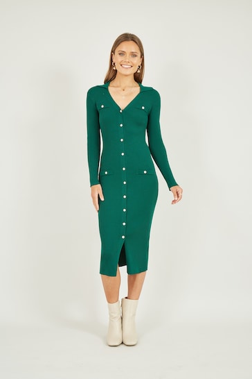 Mela Green Knitted Fitted Midi Dress With Buttons