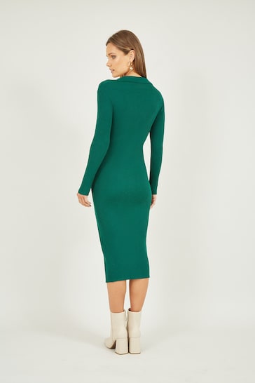 Mela Green Knitted Fitted Midi Dress With Buttons