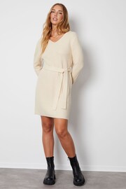 Threadbare White V-Neck Belted Knitted Jumper Dress - Image 1 of 4