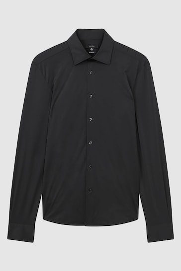Reiss Black Voyager Slim Fit Button-Through Travel Shirt