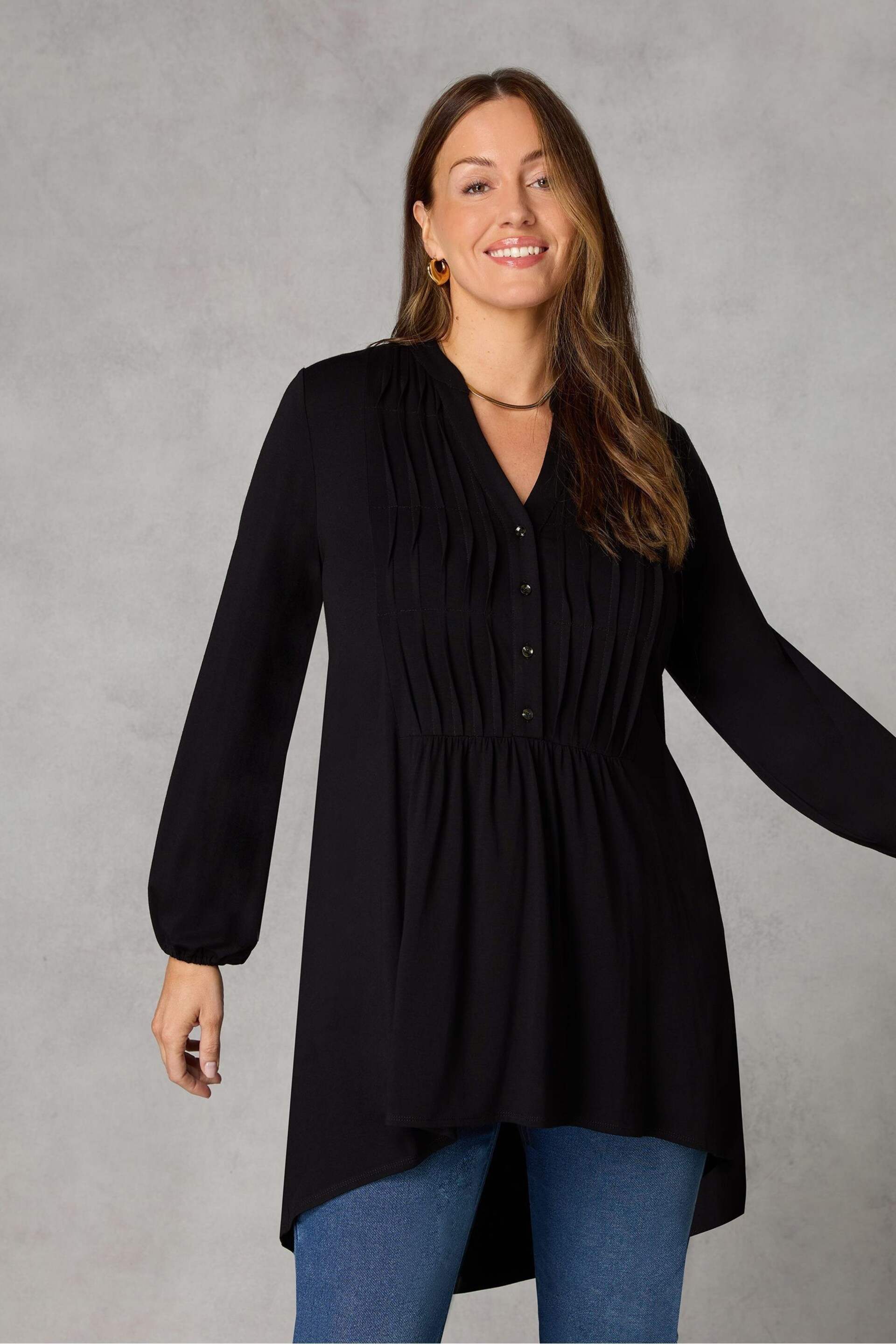 Live Unlimited Curve Petite Pintuck Yoke Jersey Black Tunic - Image 1 of 4