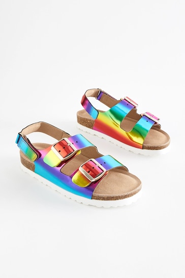 Multicolour Rainbow Leather Standard Fit (F) Two Strap Corkbed Sandals