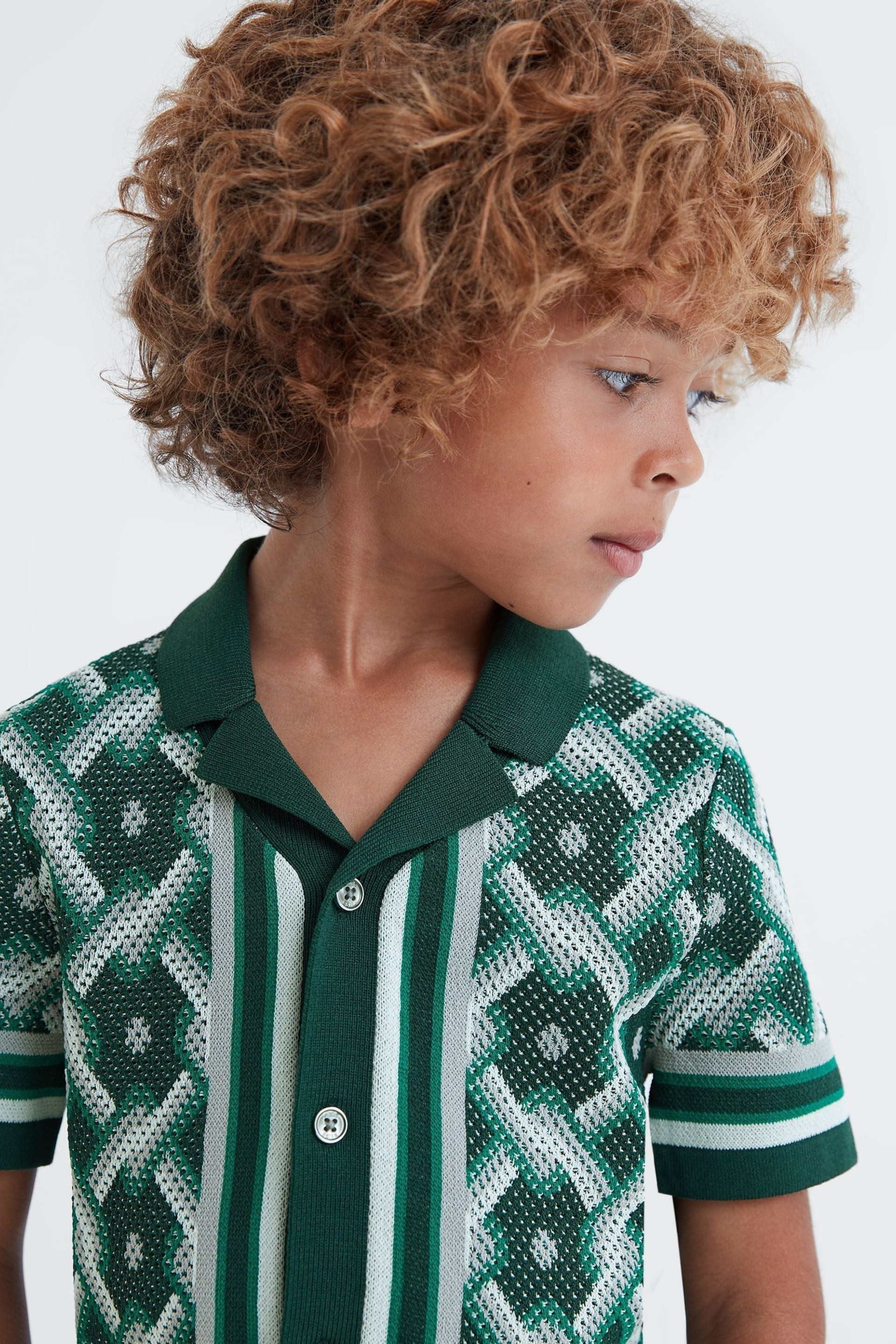 Reiss Green Multi Hyde Senior Knitted Cuban Collar Button-Through Shirt - Image 4 of 6