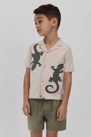 Reiss Stone/Green Reggie Senior Knitted Reptile Cuban Collar Shirt - Image 1 of 4