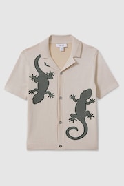 Reiss Stone/Green Reggie Senior Knitted Reptile Cuban Collar Shirt - Image 2 of 4