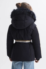 Reiss Navy Cara Junior Quilted Faux Fur Hooded Coat - Image 5 of 7