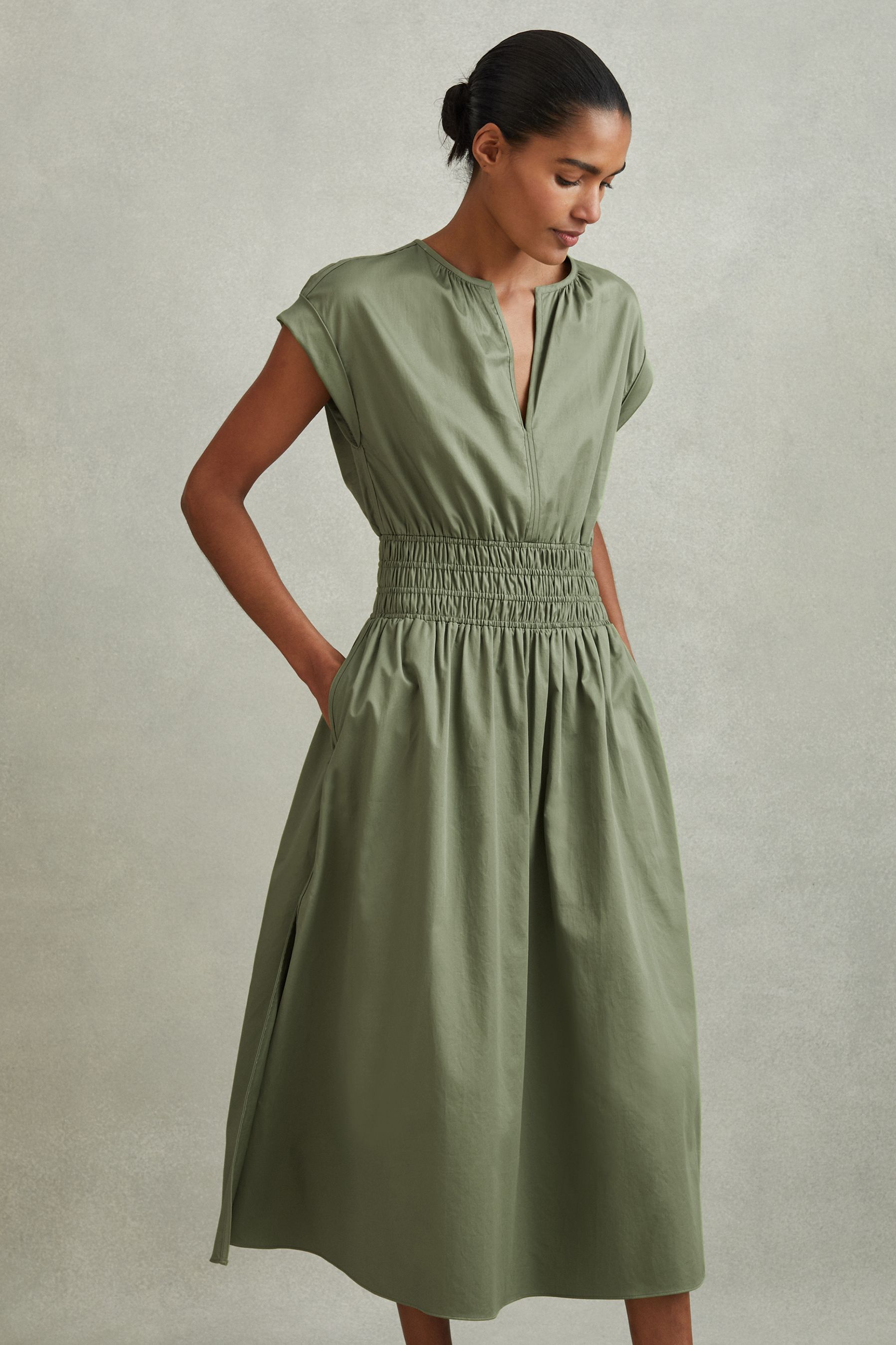Buy Reiss Green Lena Cotton Ruched Waist Midi Dress from Next Luxembourg