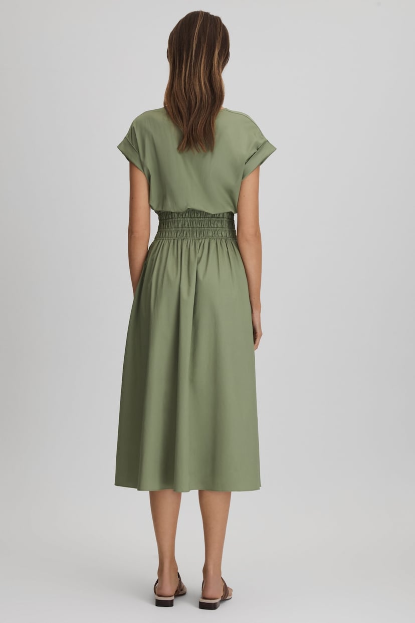 Reiss Green Lena Cotton Ruched Waist Midi Dress - Image 5 of 6