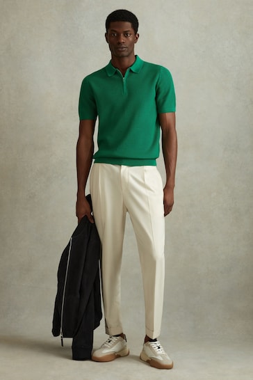 Reiss Bright Green Burnham Cotton Blend Textured Half Zip Polo Shirt