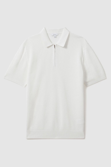 Reiss Optic White Burnham Cotton Blend Textured Half Zip Polo Shirt