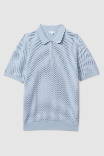 Reiss Soft Blue Burnham Cotton Blend Textured Half Zip Polo Shirt