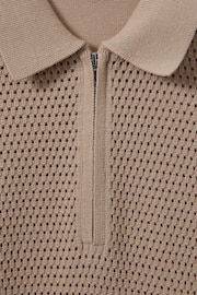 Reiss Taupe Burnham Cotton Blend Textured Half Zip Polo Shirt - Image 6 of 6