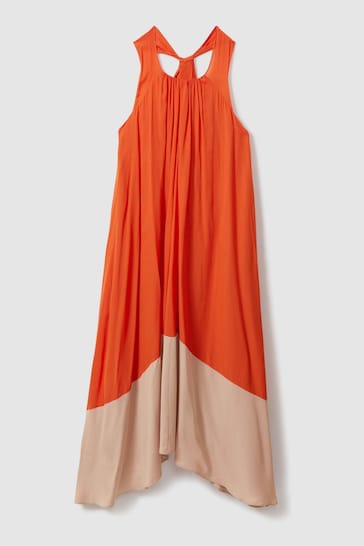 Reiss Orange Elias Ruched Dipped Hem Midi Dress