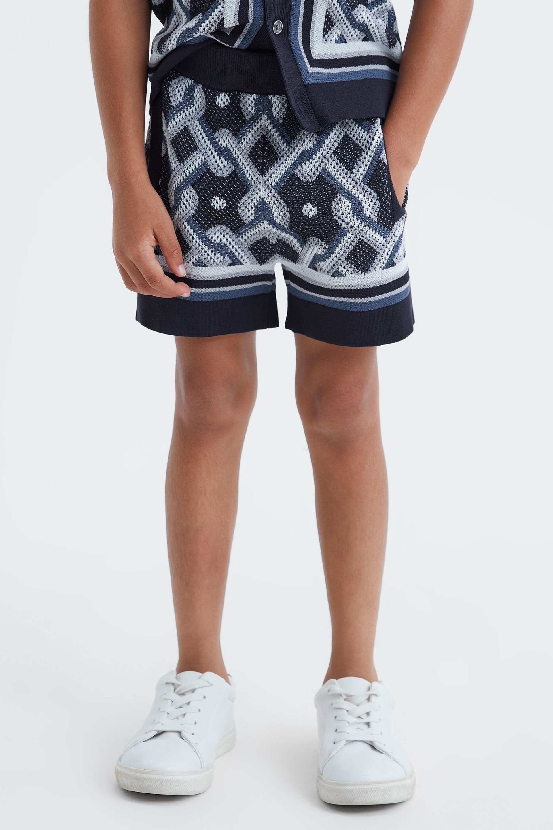 Reiss Navy Multi Jack Senior Knitted Elasticated Waistband Shorts - Image 1 of 6