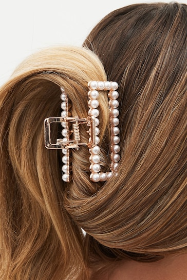 Gold Tone Pearl Rectangle Hair Claw