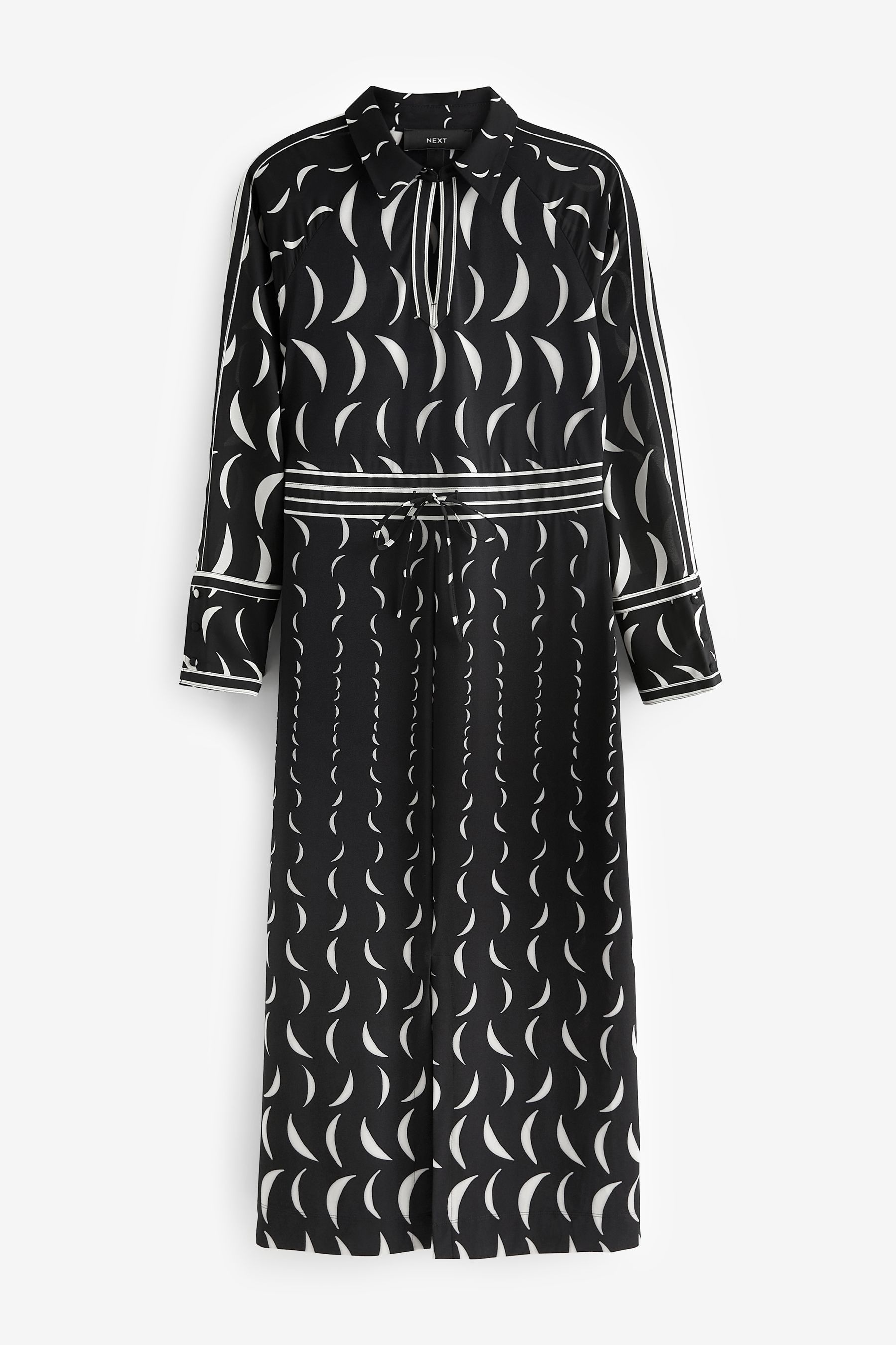 Black White Moon Print Long Sleeve Column Midi Dress