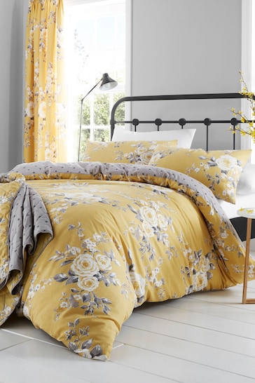 Catherine Lansfield Ochre Yellow Reversible Canterbury Floral Quilted Bedspread