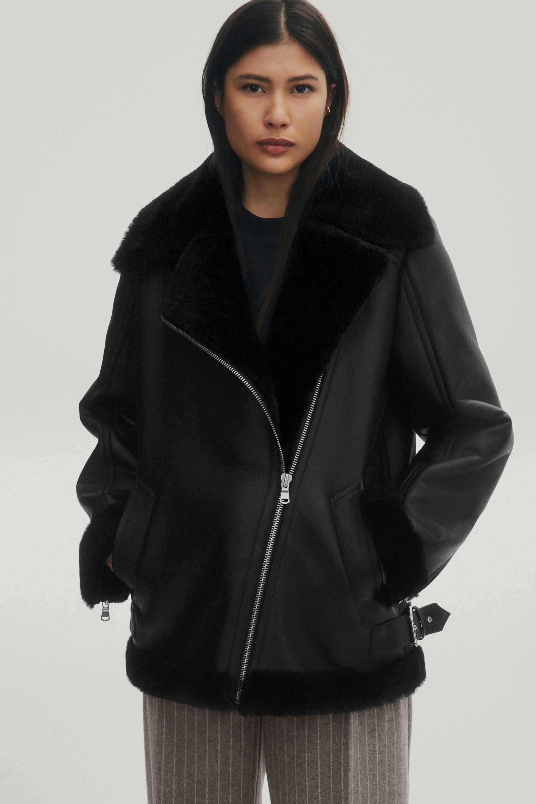 Ladies black leather aviator jacket shop