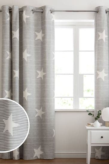 Grey Brushed Star Stripe Blackout Eyelet Curtains