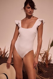 Mint Velvet White Rib Ruffle Square Neck Swimsuit - Image 1 of 7