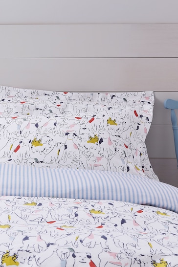Joules White Linear Dogs Duvet Cover and Pillowcase Set