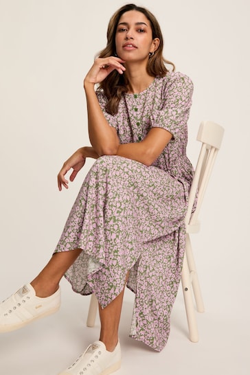 Joules Adele Green & Pink Floral Button Down Midi Dress with Slit