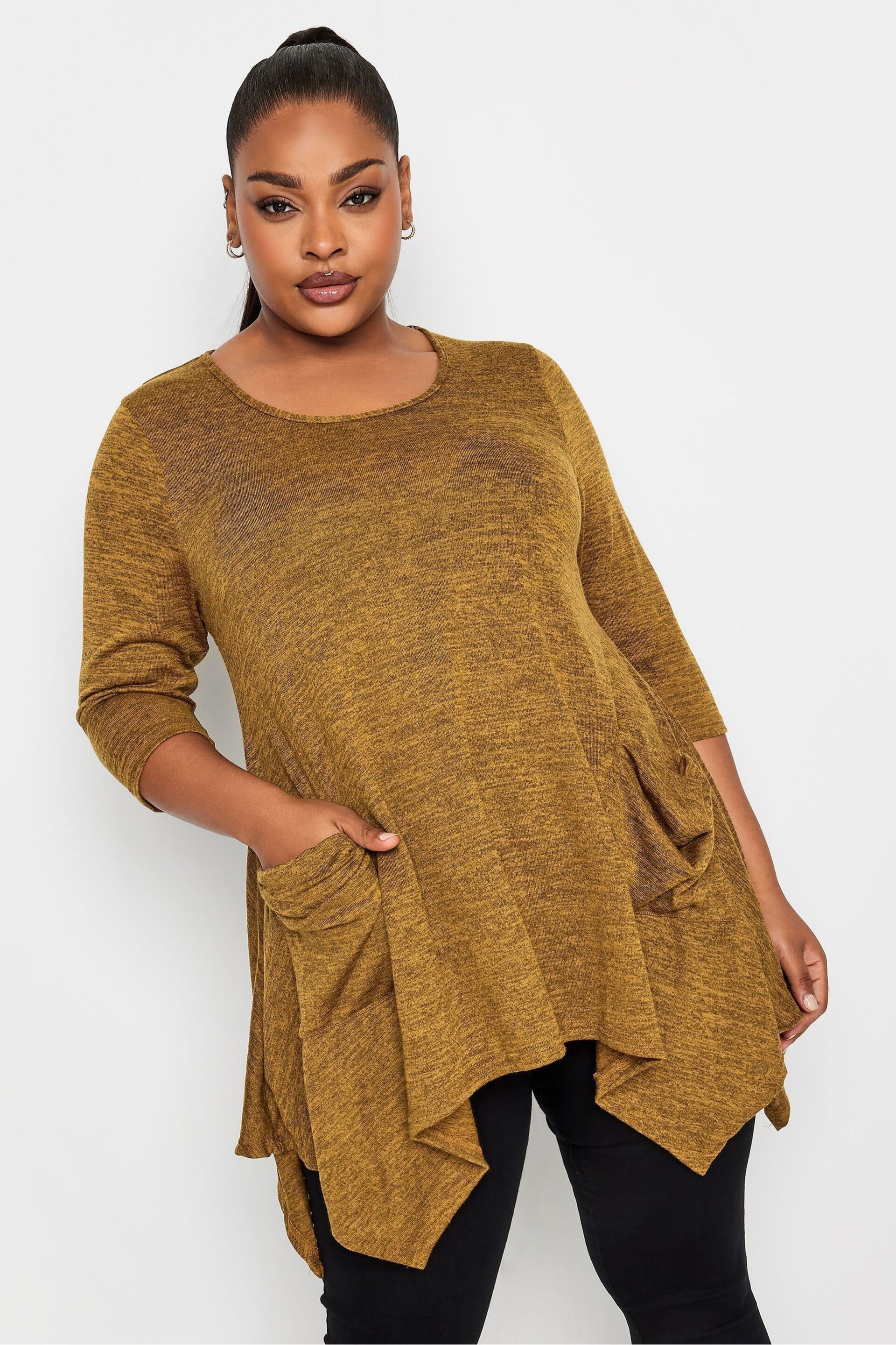 Yours Curve Brown Knitted Pocket Top - Image 1 of 4