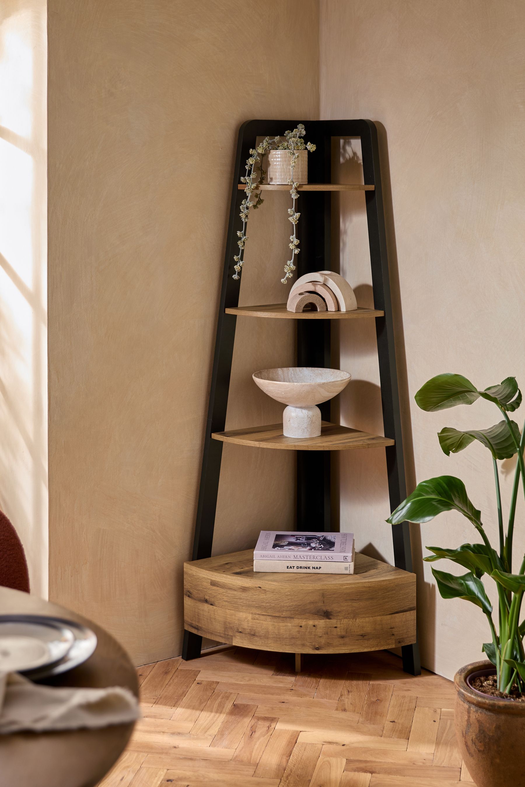 Buy Dark Bronx Oak Effect Corner Ladder Shelf from the AspennigeriaShops online shop