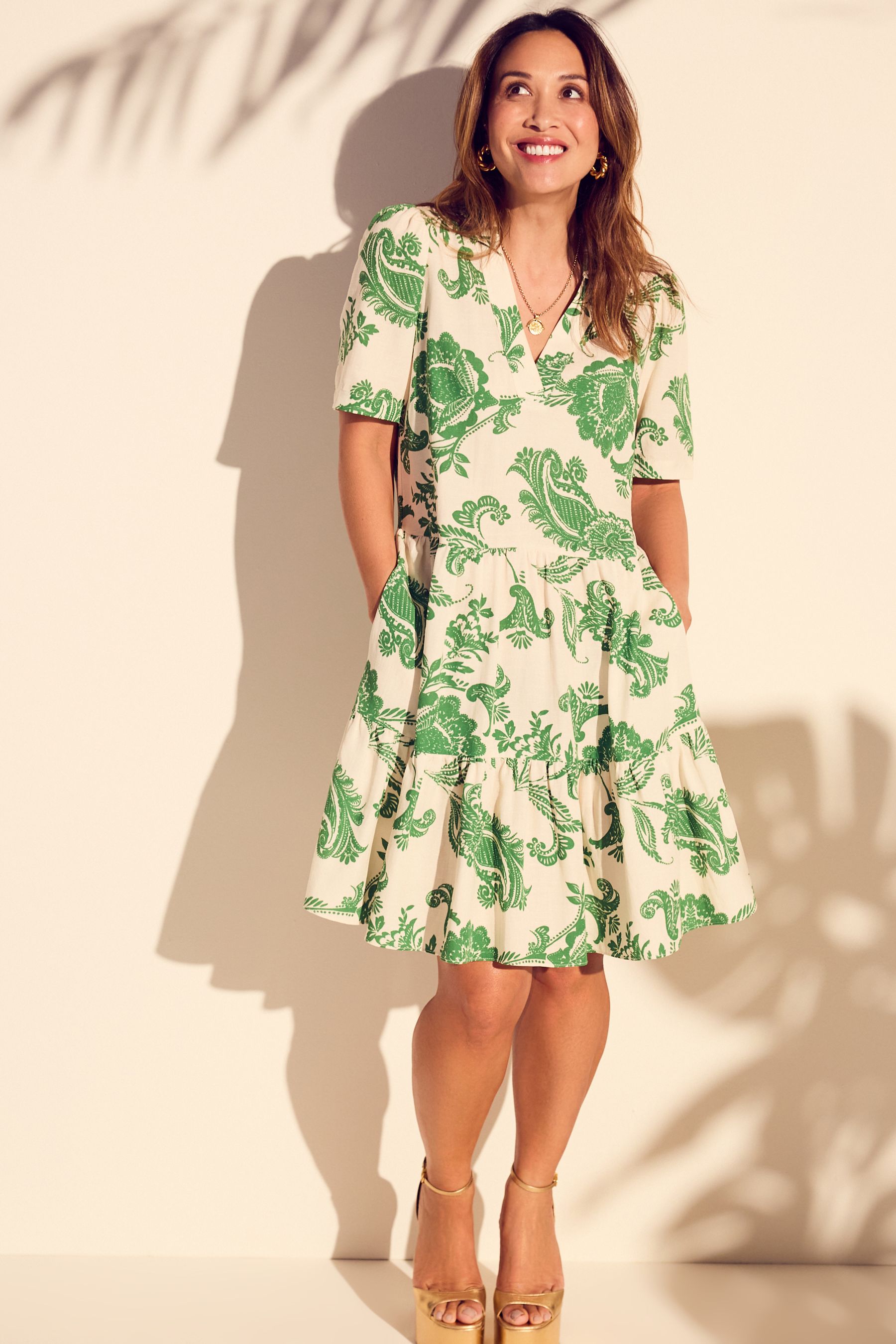 Buy Myleene Klass Ecru White Printed V Neck Collared Mini Dress With Linen from the Next UK online shop