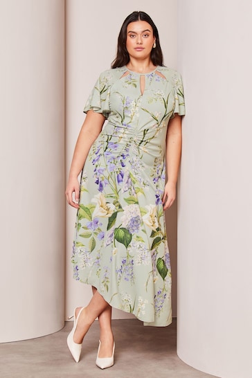 Lipsy Green Floral Curve Ruched Front Keyhole Cut Out Asymmetrical Midi Dress