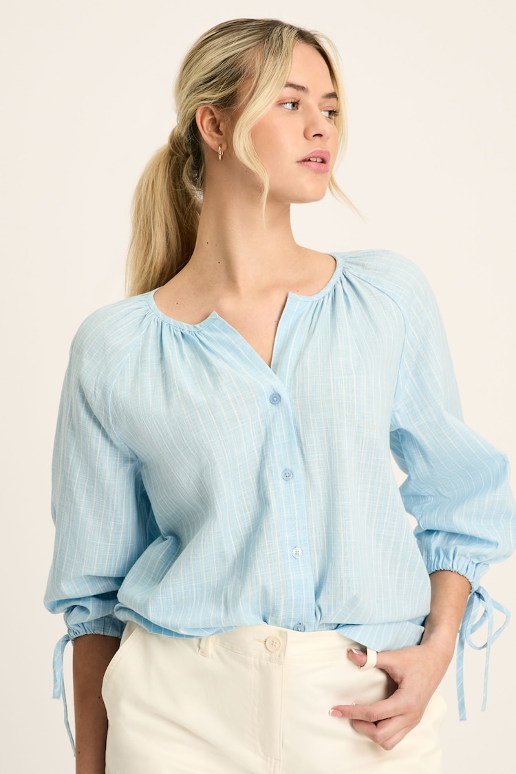 Joules Sylvie Blue/White Tie Cuff Blouse - Image 1 of 5