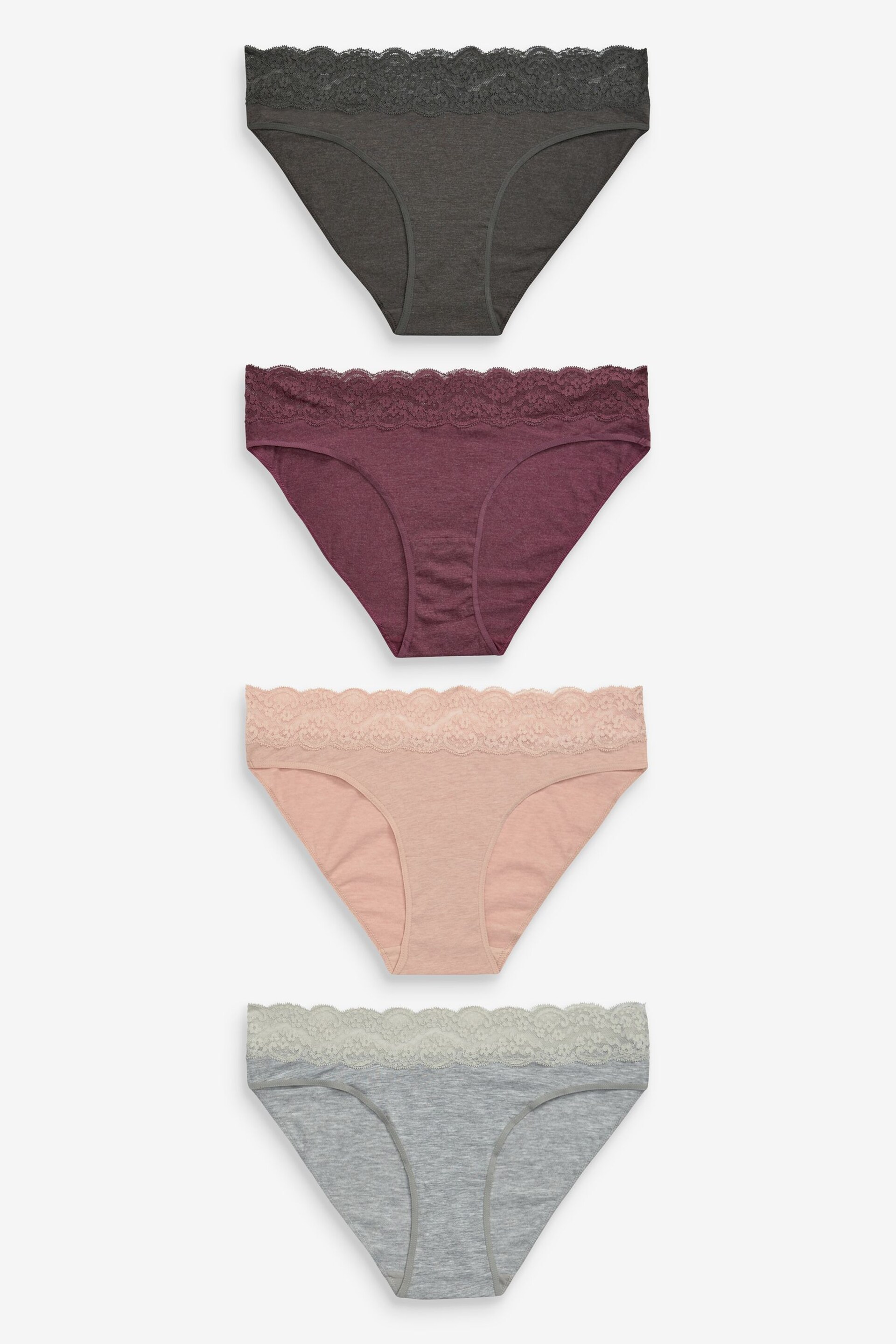 Grey Marl/Pink/Plum High Leg Cotton and Lace Knickers 4 Pack - Image 1 of 13