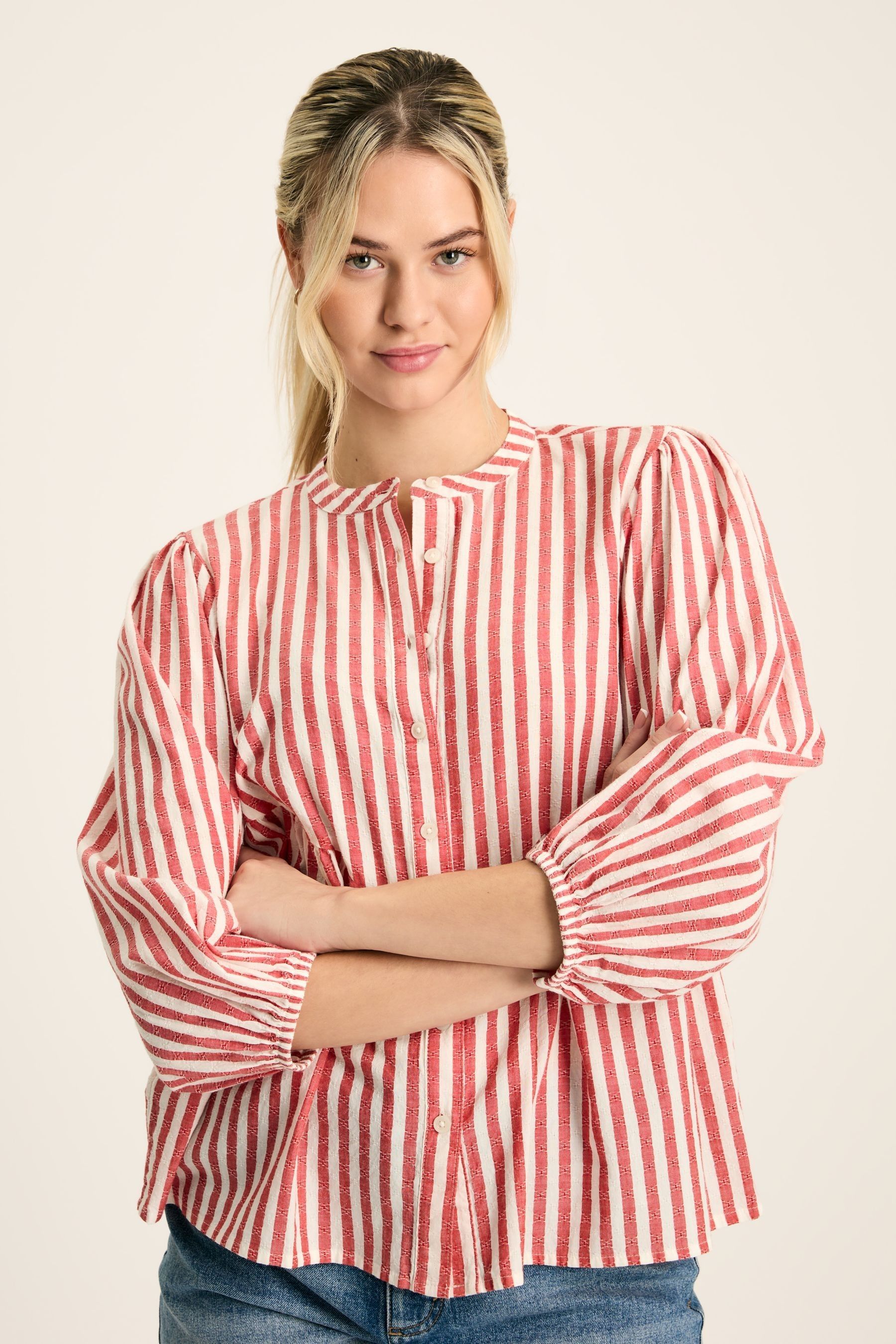 Joules Rowan Red White Gathered Sleeve Blouse