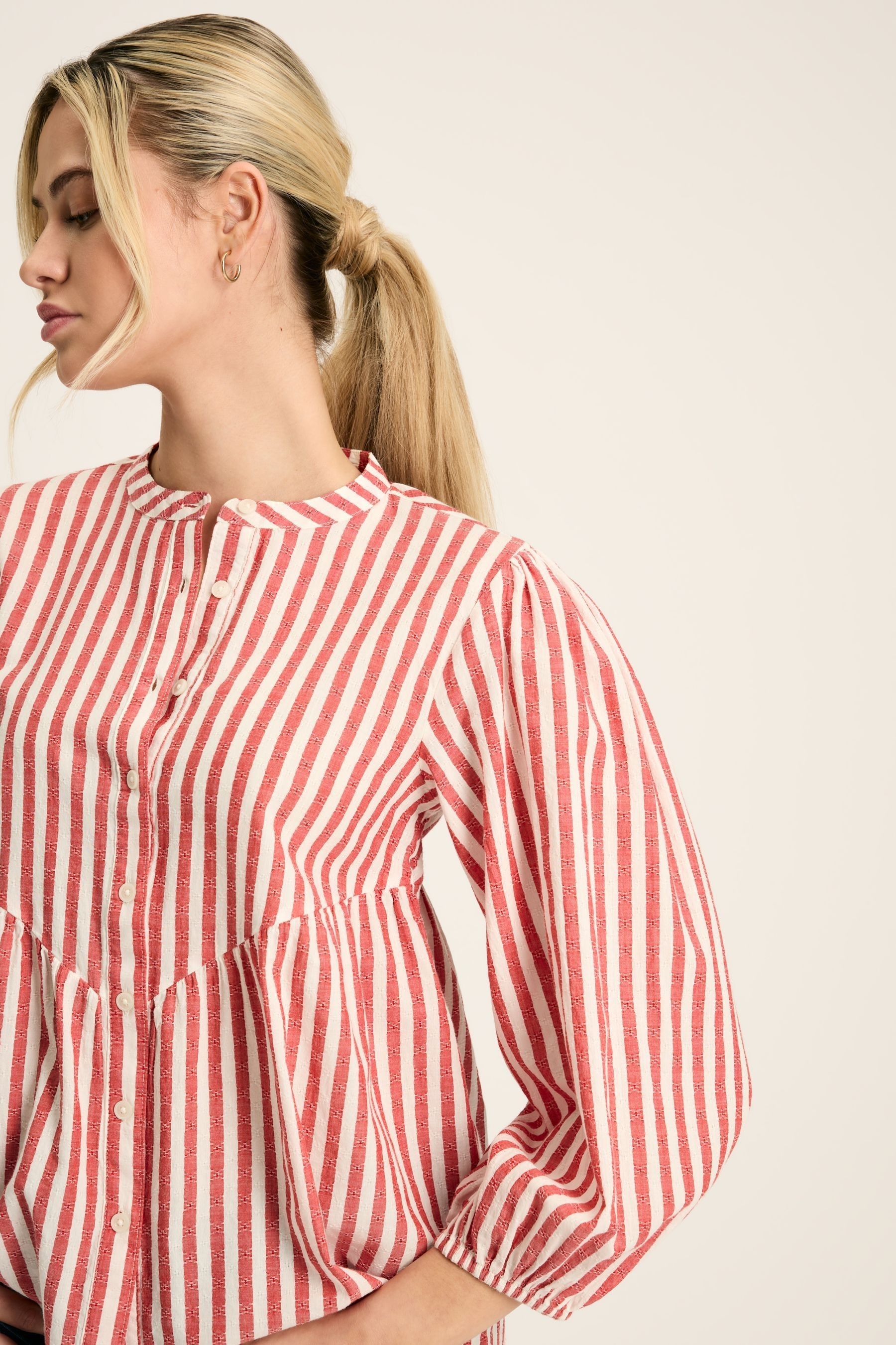 Joules Rowan Red White Gathered Sleeve Blouse