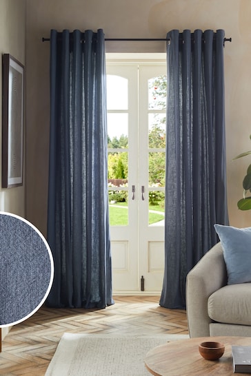 Blue Washed Cotton Linen Eyelet Lined Curtains